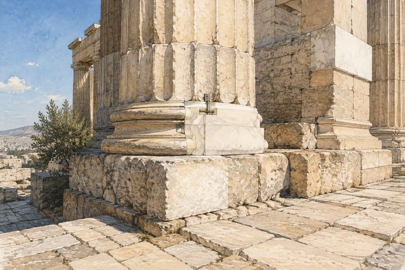 Ancient and restored marble meet across the columns, bases, blocks, and paving of the Acropolis.